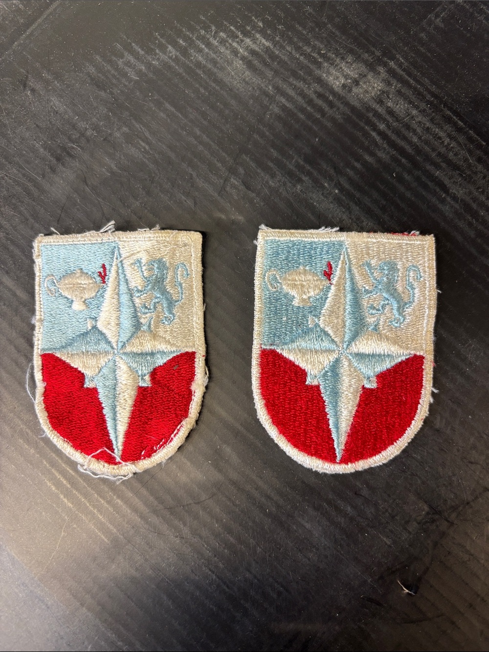 Embroidered Shield Patch Pair in Light Blue, Red & Cream